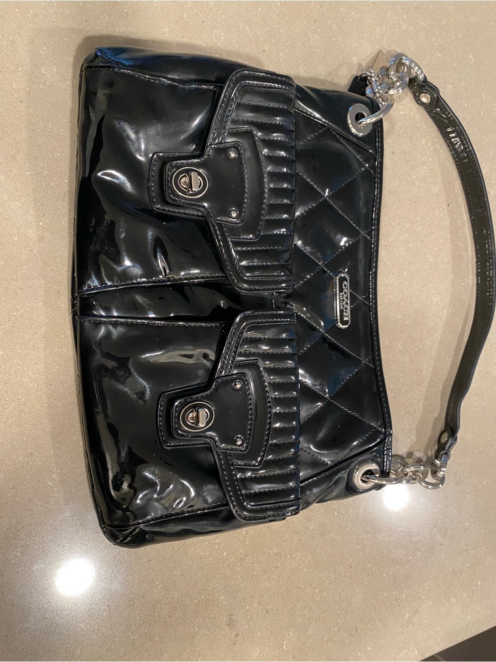 Coach Black Patent Quilted Shoulder Bag with Front Turn-Lock Pockets